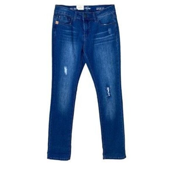 Lola 4 M 31 Kristine DMB Mid Rise Straight Jeans Dark Medium Wash Light Distress - Picture 1 of 5